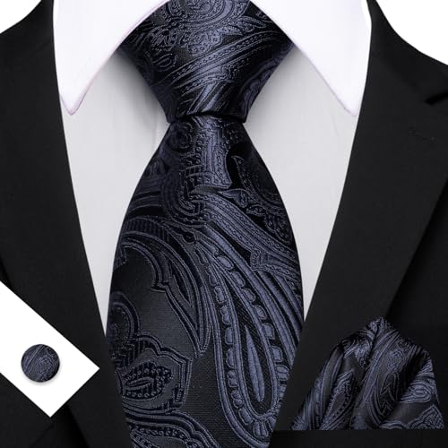 Image of Barry.Wang Men Tie Set Paisley Silk Necktie Pocket Square Cufflinks Formal Wedding Business Party