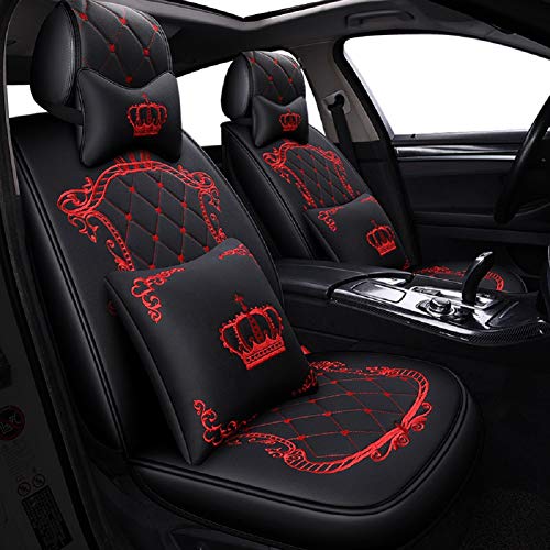 Skysep Crown Full Set Universal Fit 5 Seats Car Surrounded Waterproof Leather Car Seat Covers Protector Adjustable Removable Auto Seat Cushions with 2 Waist Pillows 2 Headrest Pillows (Black-Red)