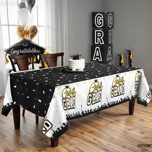 Image of KatchOn, Black and Gold Graduation Tablecloth -108x54 Inch, Pack of 3 | Congrats Grad Tablecloth for Graduation Decorations 2026, Grad Party Decorations 2026 | Graduation Table Decorations 2026