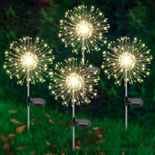 Solar Garden Lights Outdoor, 4 Pack 120 LED Twinkling Firework Lights Decorative with 2 Modes, Outdoor Waterproof Solar Starburst Light for Outside Yard Pathway Garden Decor, Warm White