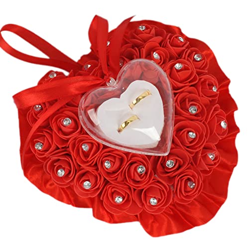 Wambere Coussin pour alliances de mariage - En forme de cœur - Rose romantique - 18 x 19 cm - Rouge