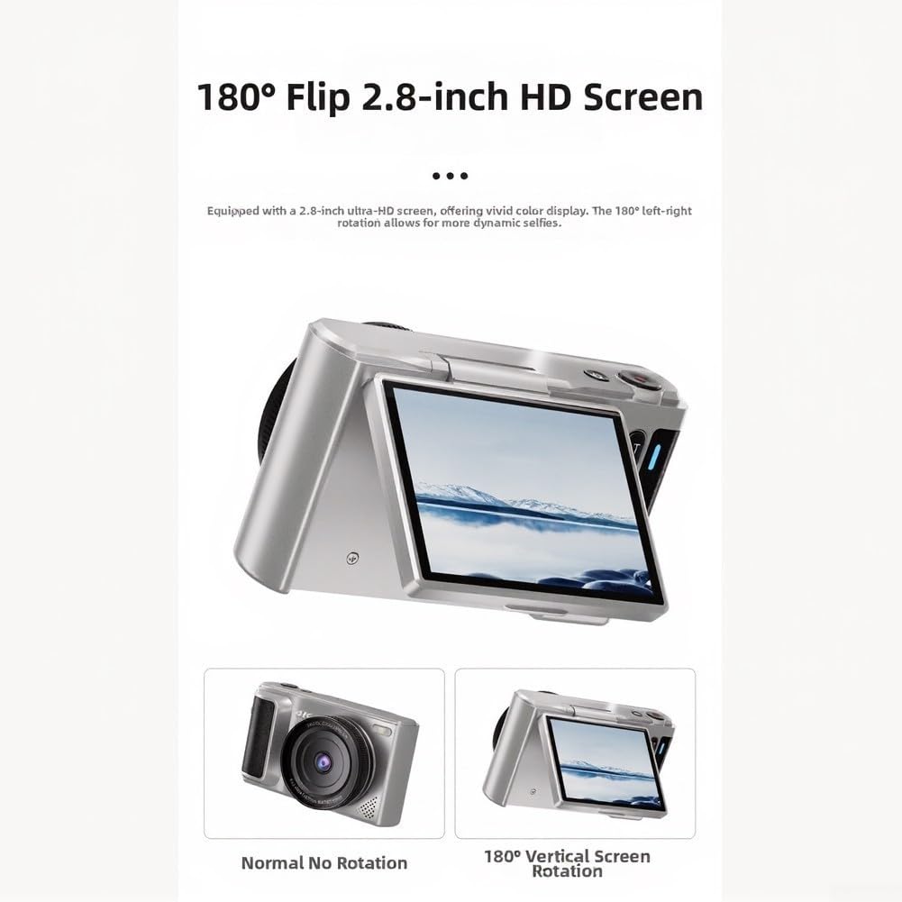 Telecamera con schermo flip da 64 MP, con controllo vocale, per immagini ultra HD con scheda di memoria da 64 GB, CCD leggero per principianti di fotografia (argento)