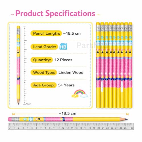 Image of KiddieWorld Premium HB Wood Pencils Set for Kids - Pack of 12 Dark Graphite Pencils with Eraser Toppers, Non-Toxic Triangular Grip for Smooth Writing, School Return Gift
