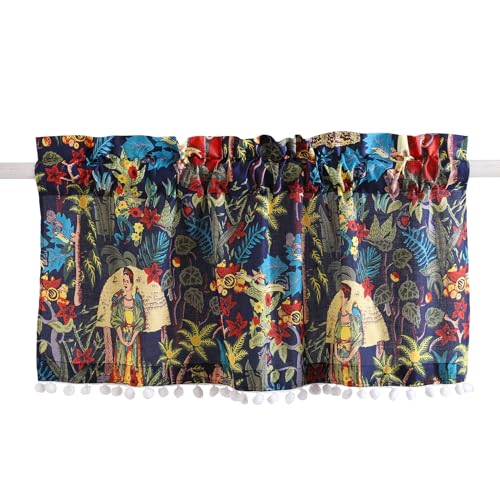 Image of Ravaiyaa - Attitude is everything Hand Printed Half Window Kitchen Curtain 100% Cotton Short Drapery Valance Curtain 40 inch X 18 inch Inch (Blue Floral)
