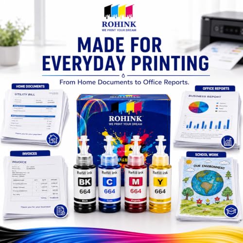 Image of ROHINK T664 Compatible Refill Ink for Epson L130, L360, L380, L361, L565, L210, L220, L310, L350, L355, L365, L385, L550, L555, L605, L1300 Printer - 70ml x 4 Bottle (B,C,Y,M)