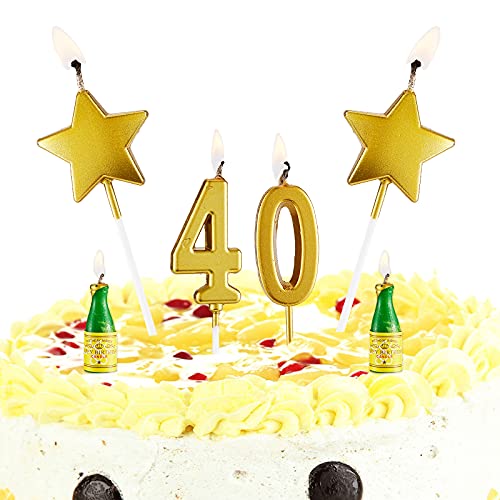 Velas Digitales de Pastel de Cumpleaños Velas de Pastel Estrella Dorada Set de Velas de Botella de Vino Decoraciones de Fiesta de Velas para Fietsa de Cumpleaños de Celebrando 40 Años