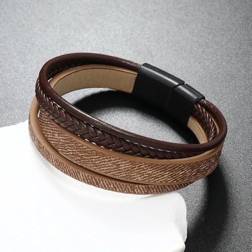 Image of THE MEN THING Leather Bracelet for Men - American Style Genuine Leather Multi-Layer Braided Bracelet with 100% Stainless Steel Magnetic Buckle for Men & Boys (8 inch)