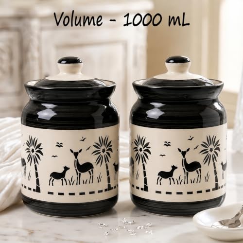Image of D'Maiolica Ceramic Handmade Pickle Jars in 1000ml (set of 2) | Floral Bale 1 kg Achaar Martban | Ceramic Jadi for Kitchen Storage (Set of 2) | Jars for Achar, Spices, Salt (Artisian Midnight Savannah)