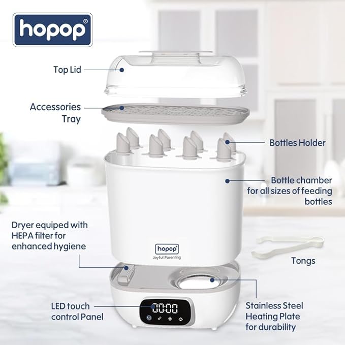 Image of Hopop 2-in-1 Steribub Steam Sterilizer, Dryer and Milk Warmer with Bottle Tong | BPA Free with HEPA Filter & LED Panel | Sterilize upto 8 Bottles & Disinfect Toys, Accessories in 6 Minutes | Auto Shut Off | 1 Year Warranty