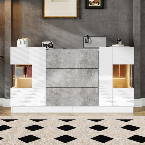 Élégant buffet blanc brillant avec aspect marbre gris, 2 portes, 3 tiroirs, design moderne, grand...