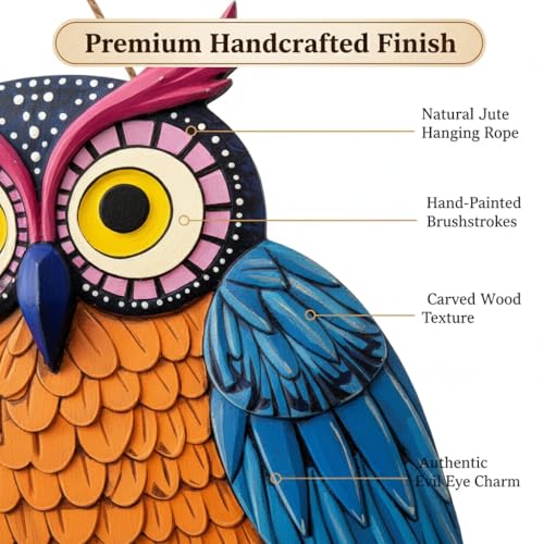 Image of Pack of 2 Owl Evil Eye Wall Hanging Decor | Colorful Wooden Nazar Protection Charm for Home, Entrance & Living Room | Vastu & Feng Shui Hanging (Owl Evil Eye)