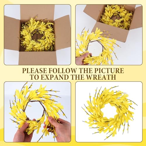 Image of 6 PCS Spring Forsythia Wreath Candle Rings Artificial Forsythia Farmhouse Candle Rings Pillar Holder Wreath Mini Spring Summer Floral Candle Rings for Rustic Wedding Home Table Centerpiece Decor