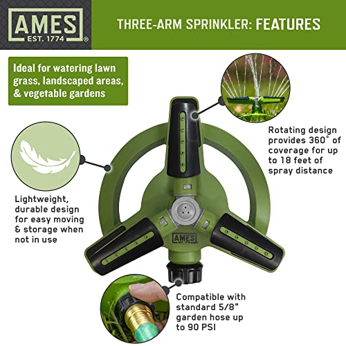 Ames (3) Piece Sprinkler & Sprayer Set With (1) Pulsating Spike Style, (1) 3 Arm Rotating Sprinkler And (1) 7-Pattern Spray Nozzle For Lawn, Garden Or Yard, Watering, Adjustable, Easy Hose Connections #TOP2