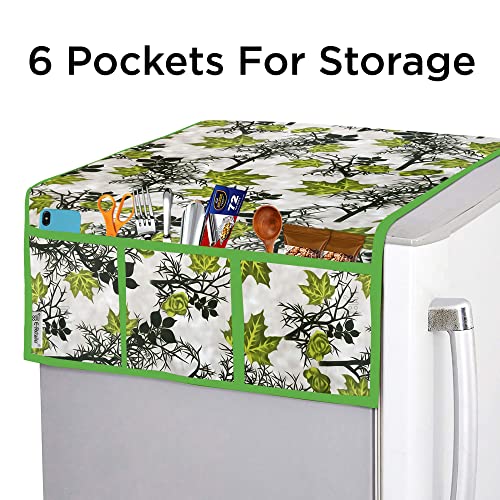 Image of Combo Set of Flower Print 1 Pc Fridge Top Cover with 6 Utility Pockets And 4 Pc Fridge Mats (Green, Set of 5) (1FC4FM-GRPFLW-GRN)