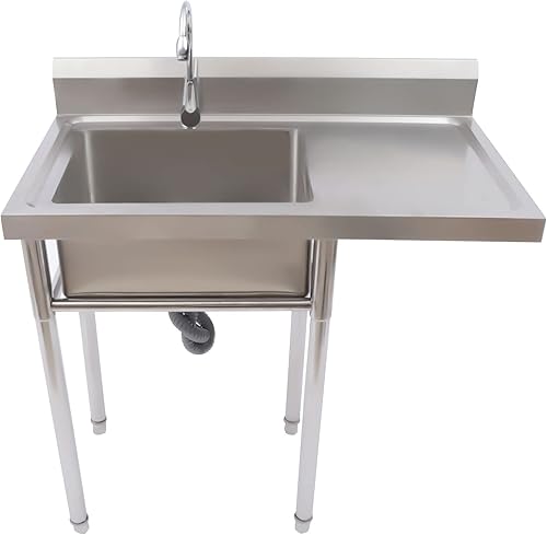 Miniatura 3 de Fregadero independiente de un solo tazón, juego de fregadero de cocina de restaurante comercial con grifo y escurridor, 1 compartimento, lavabo de