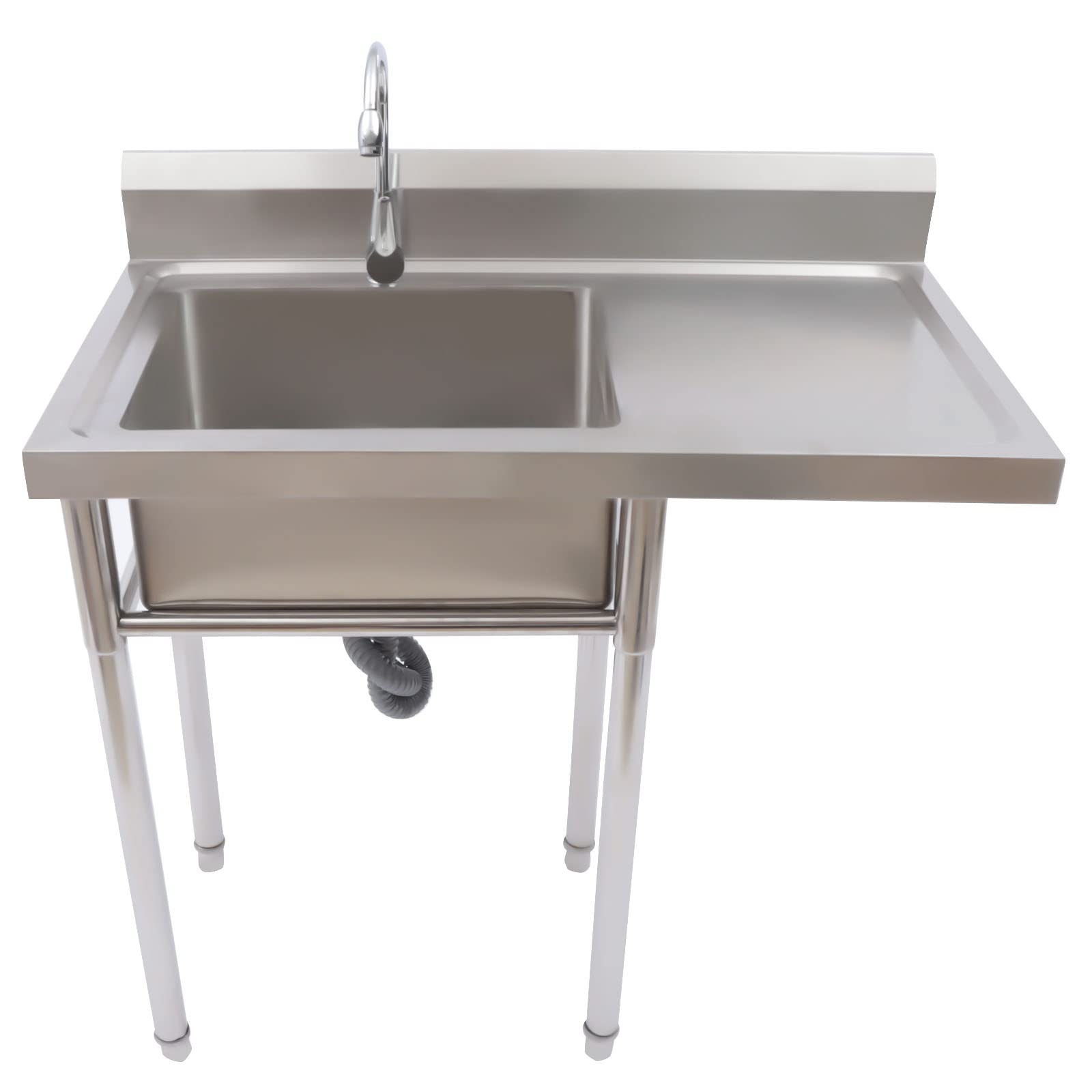 Stainless Steel Kitchen Sink with Faucet - Steel 1 Compartment Commercial Utility Sink w/Right Drainboards - 17.8