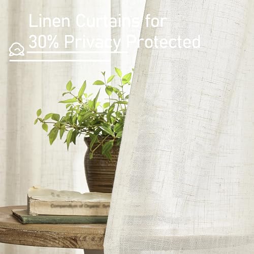 LAMIT Cream Ivory Linen Curtains 95 Inches Long 2 Panels Set for Bedroom, Back Tab and Rod Pocket Linen Textured Natural Curtains Light Filtering Boho Drapes for Living Room/Dining Room, 52 x 95 Inch