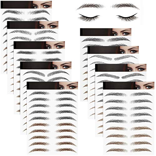 9 Sheets 4D Hair-Like Authentic Eyebrows Waterproof Eyebrow Tattoo Stickers Eyebrow Transfers Stickers Eyebrow Grooming Shaping Sticker for Women Girls Makeup Supplies, 9 Styles 90 Pairs (Black, Light Brown)