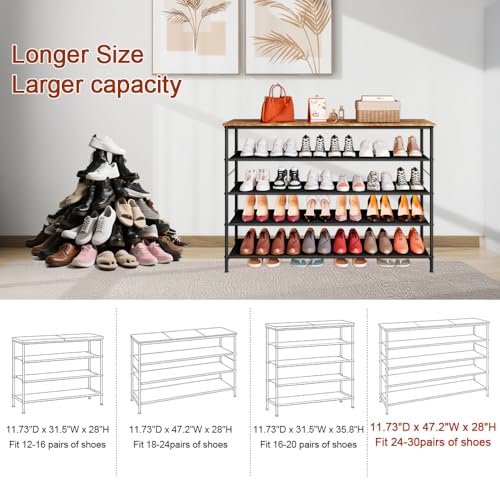 Image of INGIORDAR Shoe Rack Organizer 5 Tier Metal Organizer Shelf with Industrial MDF Board and Layer Fabric for Entryway Closet Bedroom Living Room Garage (Black+Rustic Brown, 5 Tier(47.2 inch W))