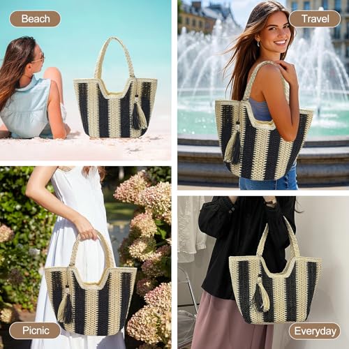 Image of Long Keeper Women Straw Beach Bag Large Weave Tote Bags Summer Boho Shoulder Bag Woven Handbag for Travel Vacation Shopping