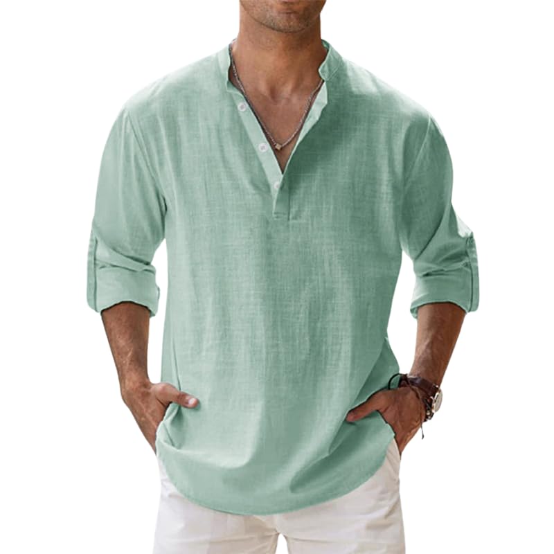 HOTYD Men's Casual Henley Shirt Long Sleeve Stand Collar Shirts Loose Fit Solid Color Cotton Linen Beach Tops