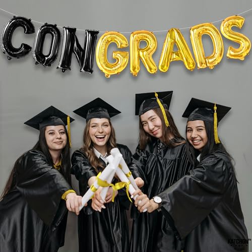 Image of Black and Gold Congrats Balloons - 16 Inch, Graduation Balloons | Congrats Grad Foil Balloons for Graduation Decorations 2026 | Black and Gold Graduation Decorations | Congrats Grad Banner - KatchOn