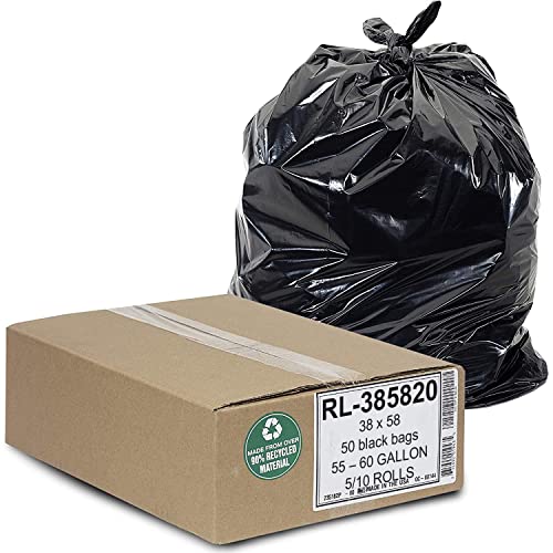 Image of Aluf Plastics Heavy Duty 55 Gallon Trash Bags - (Large 50 Pack /w Ties) - 2 MIL Industrial Strength Plastic Drum Liners 38' x 58' Professional Black Garbage Bags for Construction, Contractors