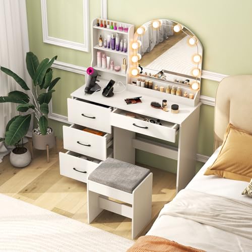 CHARMAID Vanity Desk with Mirror and Lights, White Makeup Vanity Desk with 4 Drawers, Storage Shelves, Charging Station, 3 Lighting Modes, 40 inch Large Vanity Dressing Table with Stool for Bedroom