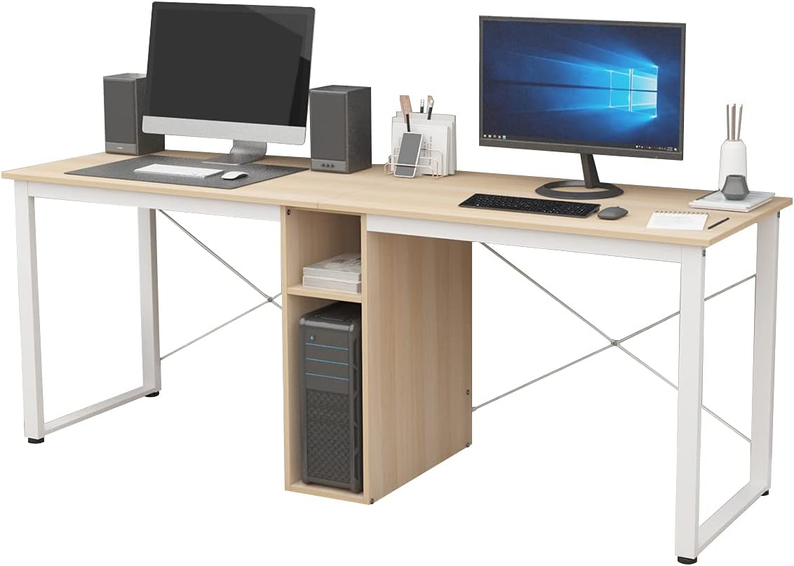 DlandHome Double Computer Storage Desk 78 inches Extra Large Home Office Desk Multifunction Gaming Table Workstation for Home Office, Maple LD-H01MO