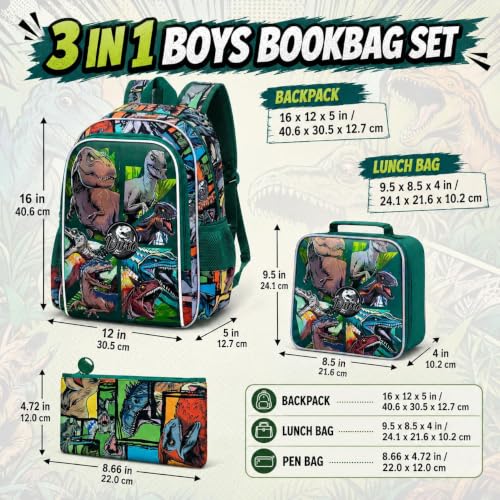 Image of CCJPX 3PCS Dinosaur Backpack for Boys, 16 Inch Water Resistant Preschool Bookbags, Cool Kindergarten School Backpacks and Lunch Box(Green)