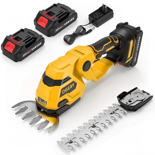 OGERY 21V Cordless Hedge Trimmer & Grass Shears, 2-in-1 Powerful Dual Batteries Electric Bush Trimmer with 8.9” Hedge Blade & 5.1” Grass Trimmer, Adjustable Angle, Lightweight for Garden & L