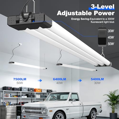 Image of JESLED LED Shop Lights 4FT, 3CCT Selectable 4000K /5000K /6500K, Adjustable 30W /40W /50W, 7500LM Super Bright (300W Equivalent), Linkable Utility Light for Garage, Ceiling or Hanging Mount, ETL, 2 Pack