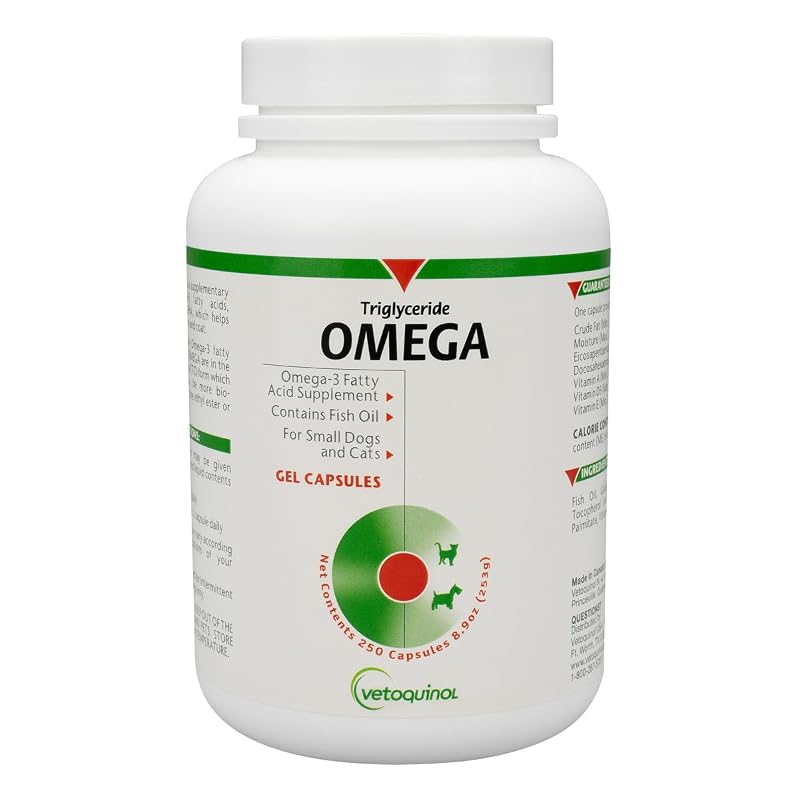 Suplemento de Óleo de Peixe Triglyceride Omega Vetoquinol para Cães e Gatos, 250 Cápsulas