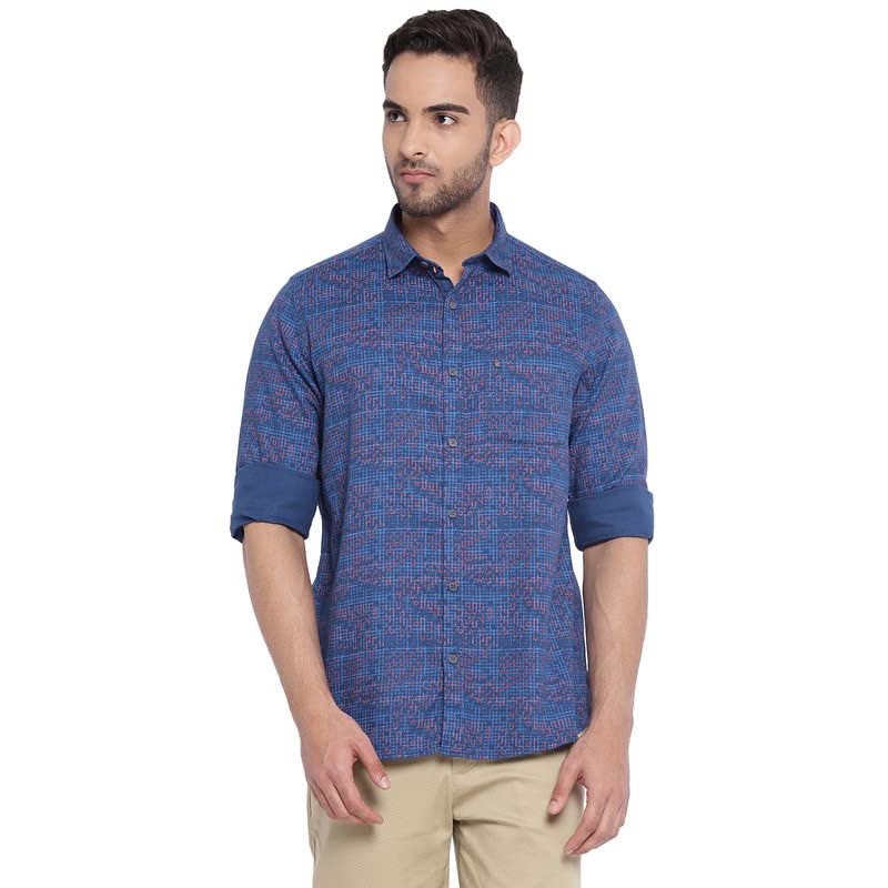 Image of Turtle Men Blue Cotton Printed Slim Fit Casual Shirts