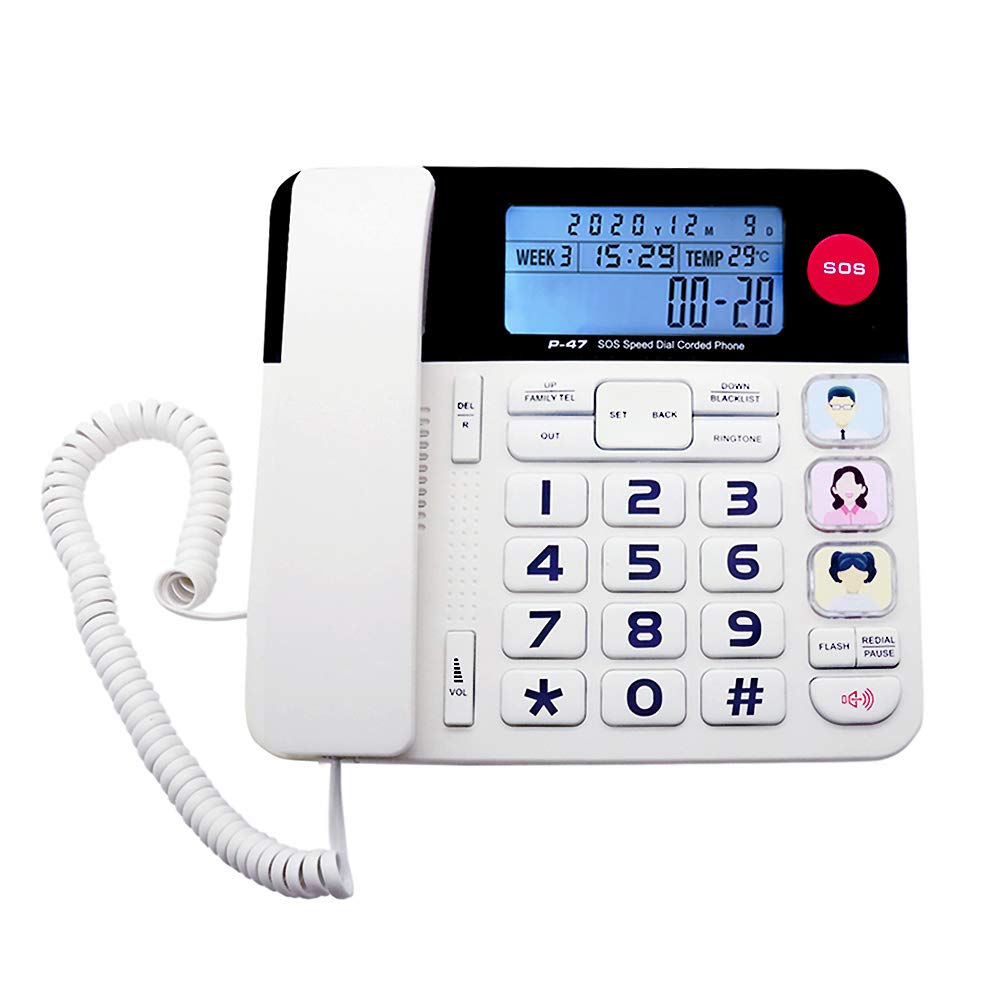 KerLiTar Home Office Landline Phone with Big Luminous Button/Caller ID/Hands-Free Amplified Speakerphone/Picture Speed Dial Memory Elderly Corded Phone for Seniors with SOS Emergency