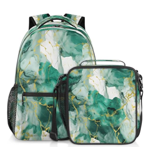 Green Marble Backpack with Lunch Box Travel Backpack Bookbag & Lunch Bag Insulated Lunchbox Waterproof Daypack Laptop Backpack
