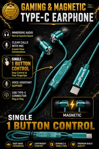 Image of ZedPunch Gaming Type-C Wired Earphone with Mic, 10mm Dynamic Bass Driver, Magnetic in-Ear Headphones, Low Latency Sound for Gaming, 1 Button Control, HD Calling, Voice Assistant (Light Green)