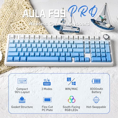 Image of MechLands Aula F99 PRO 96% Mechanical Gaming Keyboard, BT5.0 /USB-C /2.4GHz Wireless, Hot Swappable Gasket Custom Keyboard with 8000mAH Battery, Rotary Knob, RGB Backlit for Win /Mac (Blue)