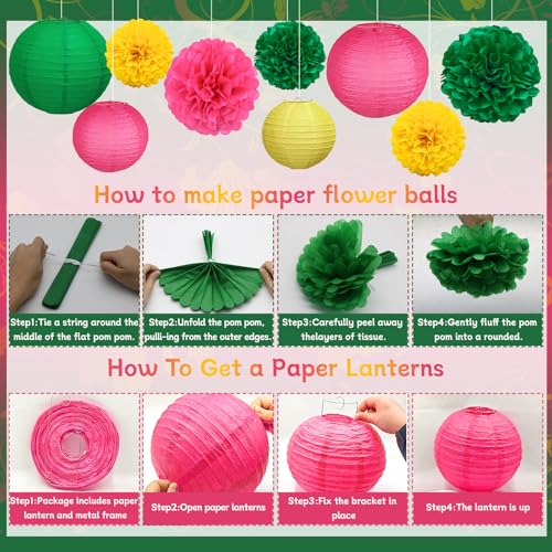 Image of KAXIXI 15-Piece Rose Red, Green & Yellow Paper Lanterns Pom Poms