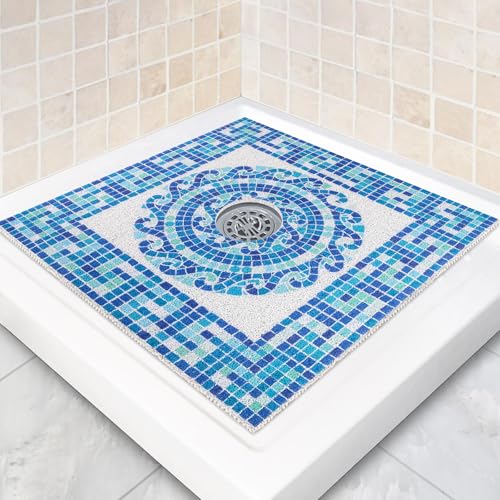 Image of Square Shower Mat Non Slip: 24 x 24 Inch Soft Loofah Shower Stall Mat with Center Drain Hole - Secure Stand Up Shower Grip Pad for Inside Shower