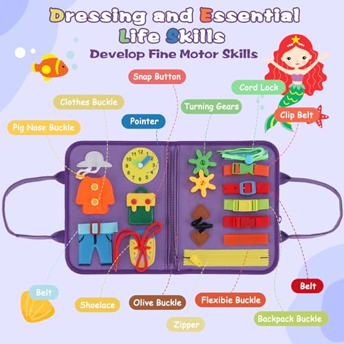 Image of Montessori Busy Board for Toddlers 3-6, Soft Sensory Activity Book with Life Skills, Cognition, Sorting, Matching, Travel Toys for Airplane Car, Gift for Girls Boys 3+ Years Old (Mermaid)