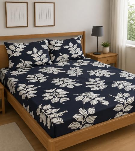 Image of Premium Cotton Fitted Bedsheet King Size 78 x 72 x 8 Inches with 2 Pillow Covers | 220 TC | All-Around Elastic Deep Pocket Bed Cover | Black Ivory Leaf