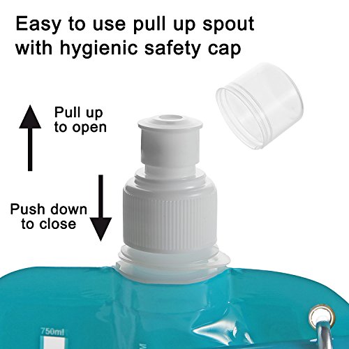 HydraMate Faltbare Trinkflasche 750ml Wiederverwendbare Faltbare Wasserflasche. Zusammenklappbare, Leichte, Flexible, Rollbare, BPA FREIE. Wasserbeutel Nachfüllbar Mit Karabinerhaken. Aqua