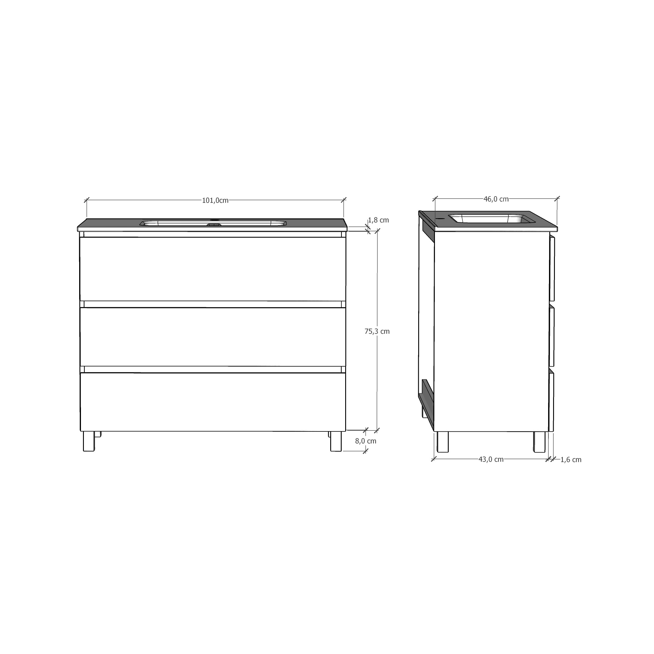 Baikal Mueble de Baño TRIX, Distribución de 3 cajones, con Patas y con Lavabo cerámico. Melamina 16mm. Distintas Medidas y Acabados Disponibles. Mueble MONTADO