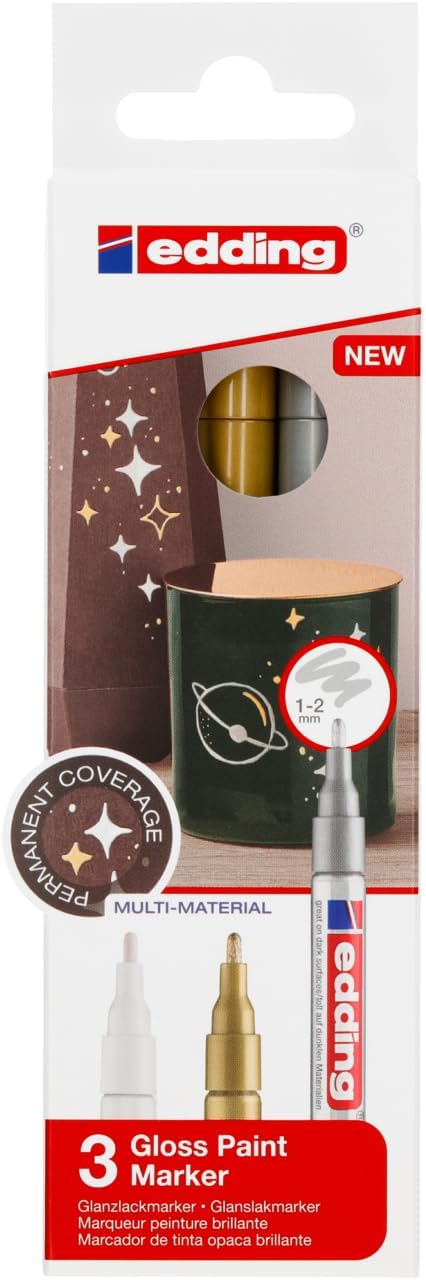 edding 751 gloss paint marker set - white, gold, silver (metallic) - 3 paint markers - round nib 1-2 mm - paint pen for glass, pebbles, wood, plastic, paper - waterproof, high coverage