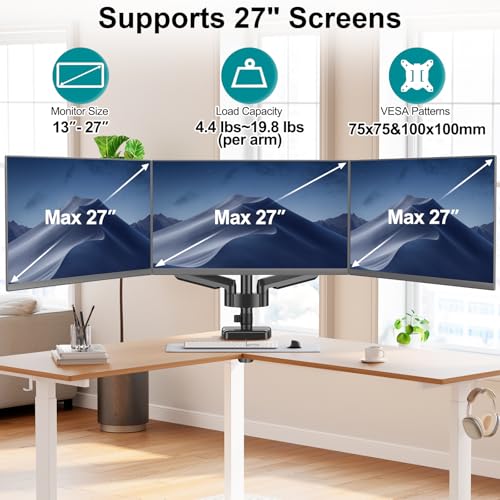 Image of MOUNT PRO Triple Monitor Mount for 13-27 inch Screens, 3 Monitor Desk Mount, Height Adjustable Triple Display Stand, Full Motion Three Computer Arm Hold up to 17.6lbs Each, VESA 75x75, 100x100