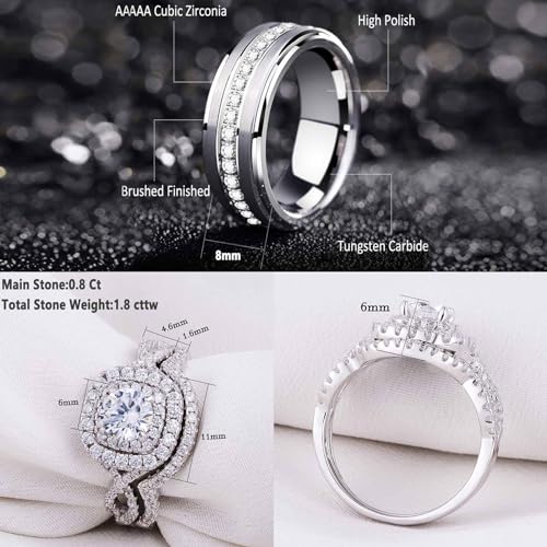 Newshe Jewellery Wedding Ring Sets for Him and Her AAAAA Cz Matching Promise Rings for Couples 925 Women Mens Tungsten Band Size 5-132