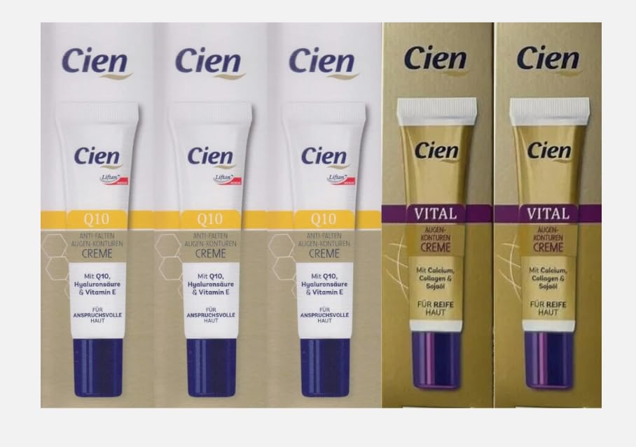 CIEN Q10 - Confezione di 5 contorni occhi crema antirughe, in cartone misto ialuronico, vitamina E