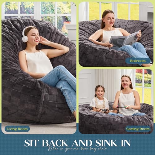 Image of Hobestluk Adults Bean Bag Chair 5FT Big BeanBag Chair Giant Large Oversized | Memory Foam,Washable Cover,Unique Fluffy Plaid,Comfy Bean Bag with Filler Lounging Gaming Bedroom Living Room | Dark Grey 5FT