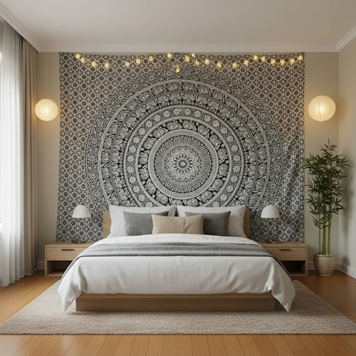 Image of Craft Trade 90x108 Inches Black and White Cotton Mandala Ombre Wall Hanging Tapestry